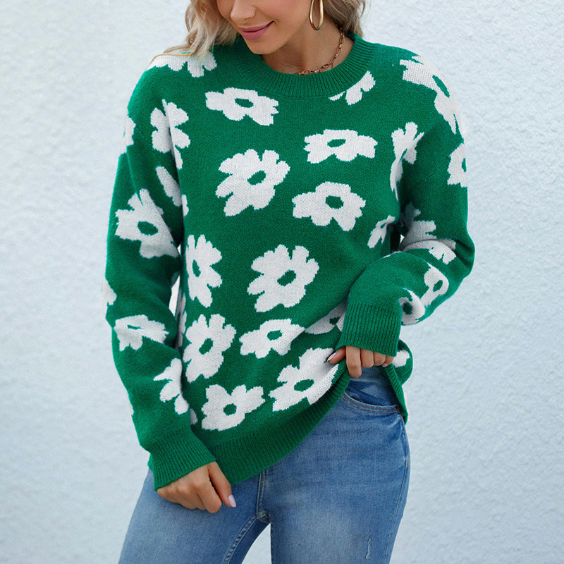 Damen Strickpullover mit floralem Muster und lockerem Schnitt Sovae