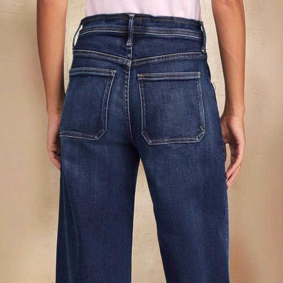 Damen weite Denim-Hose mit hohem Bund Sovae