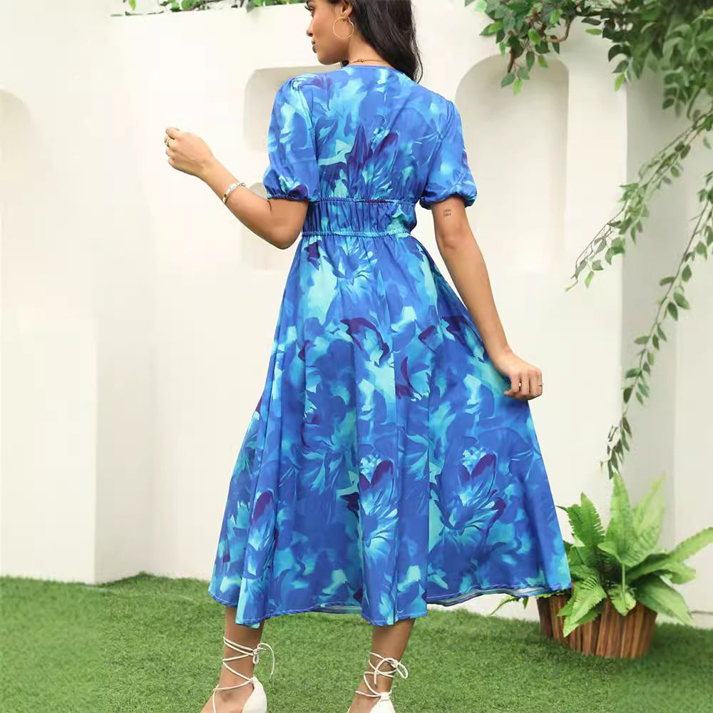 Damen elegantes Midikleid mit Puffärmeln und floralem Print Sovae