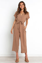 Damen lässiger Jumpsuit mit Taillengürtel und kurzen Ärmeln Sovae