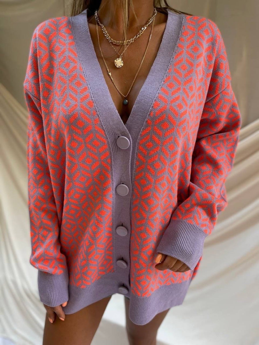 Damen Grober Strickjacke mit V-Ausschnitt und auffälligem Muster Sovae