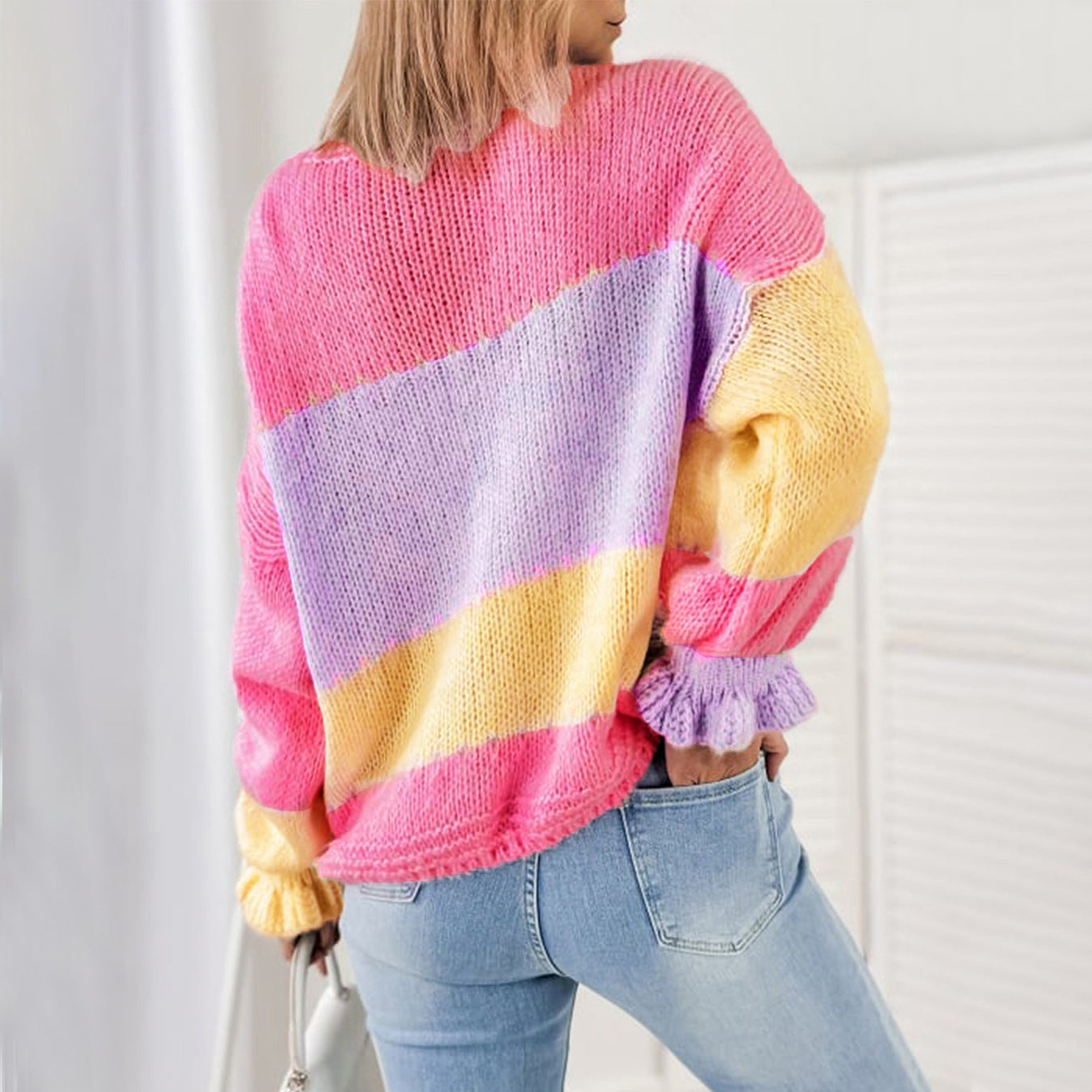 Damen modischer Oversized-Cardigan mit buntem Streifenmuster und voluminösen Ärmeln Sovae