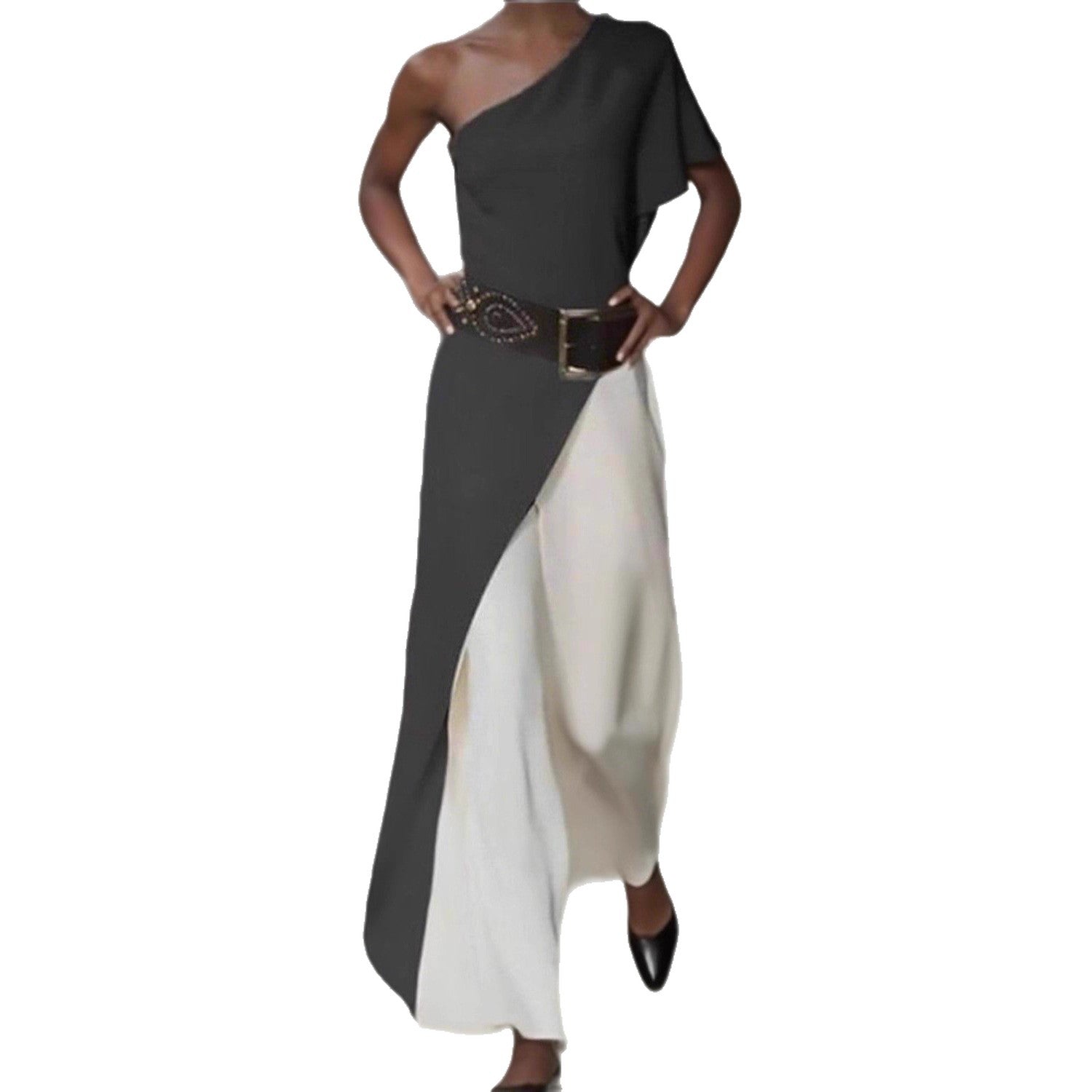 Damen Elegantes Einseitiges Maxikleid mit asymmetrischem Schnitt und schickem Gürtel Sovae