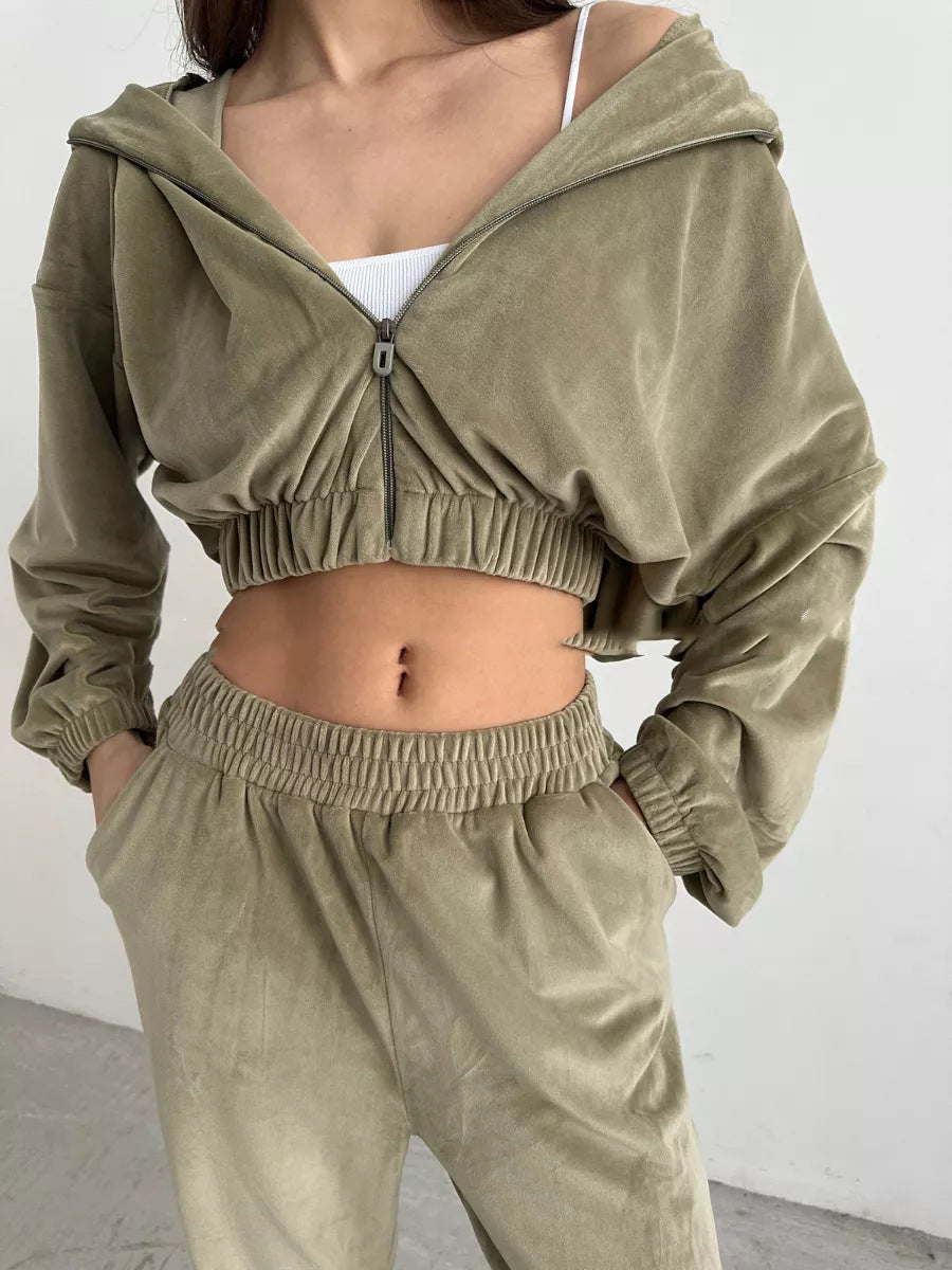 Damen sportlich-eleganter Fleece-Trainingsanzug mit hoher Taille und Reißverschluss Sovae