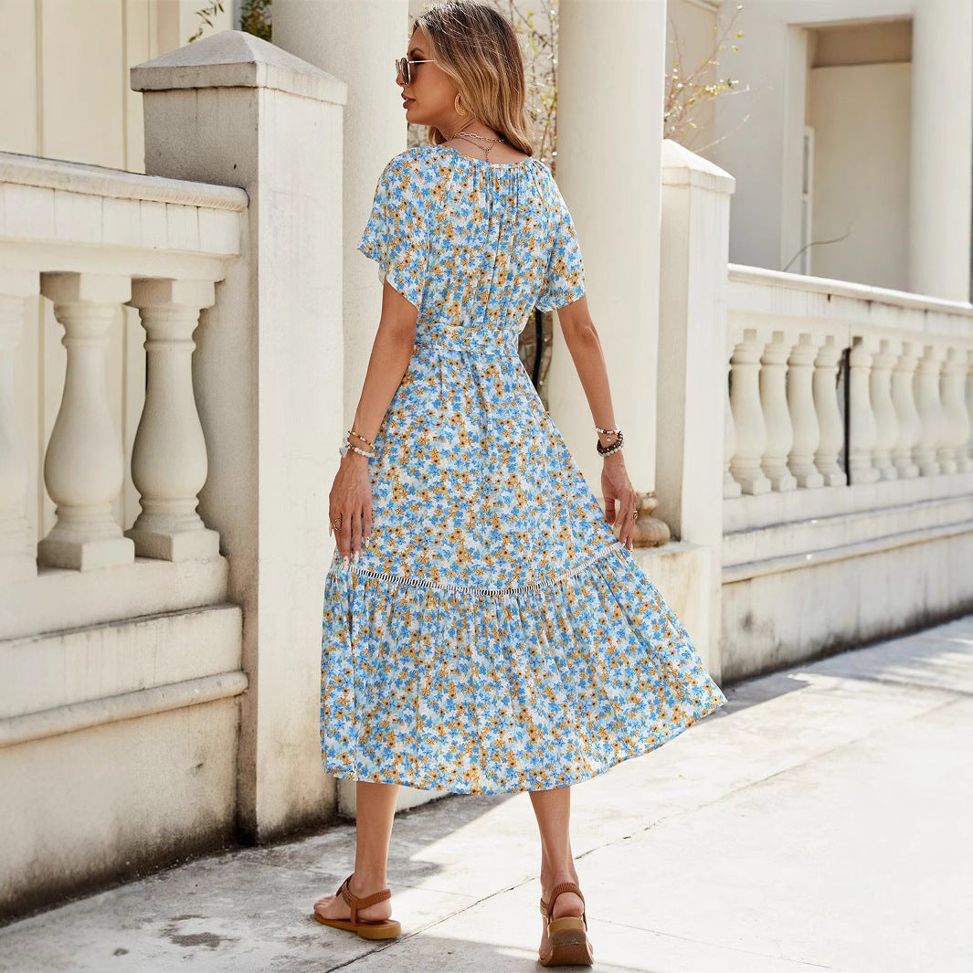 Damen romantisches Blumenkleid mit Taillengürtel und Rüschen Sovae