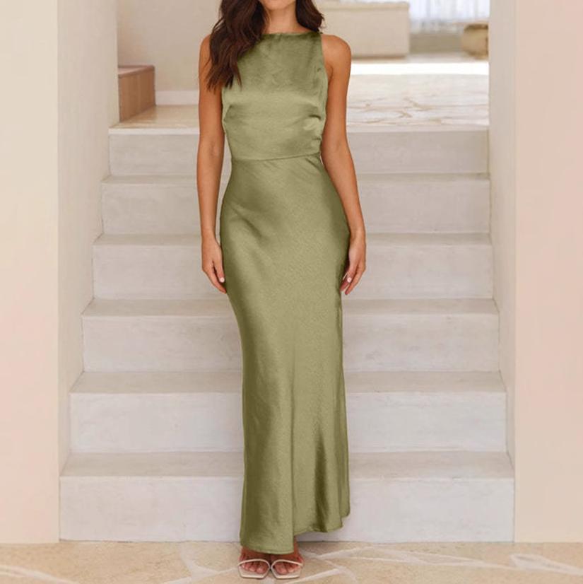 Damen elegantes Satin-Maxikleid mit schulterfreiem Design Sovae