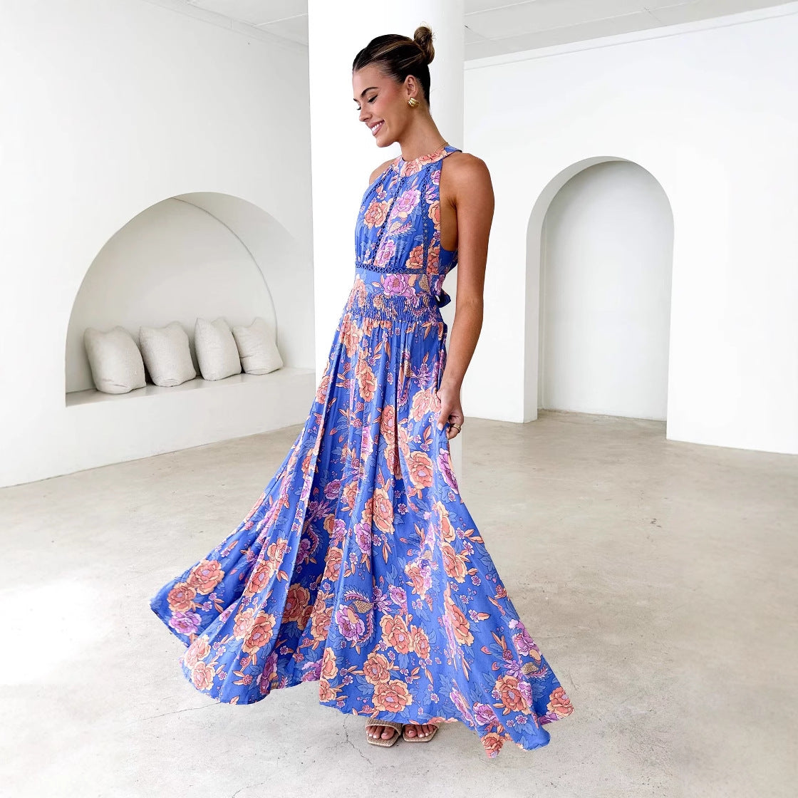 Damen luftiges Maxikleid mit floralem Spitzeneinsatz Sovae