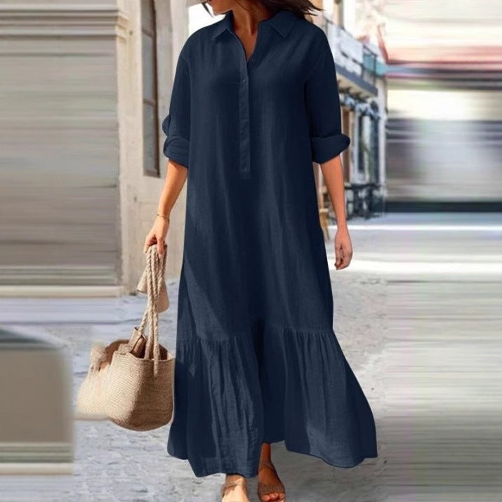 Damen Maxi Kleid im lässigen Stil mit raffinierter Knopfleiste und fließendem Rock Sovae