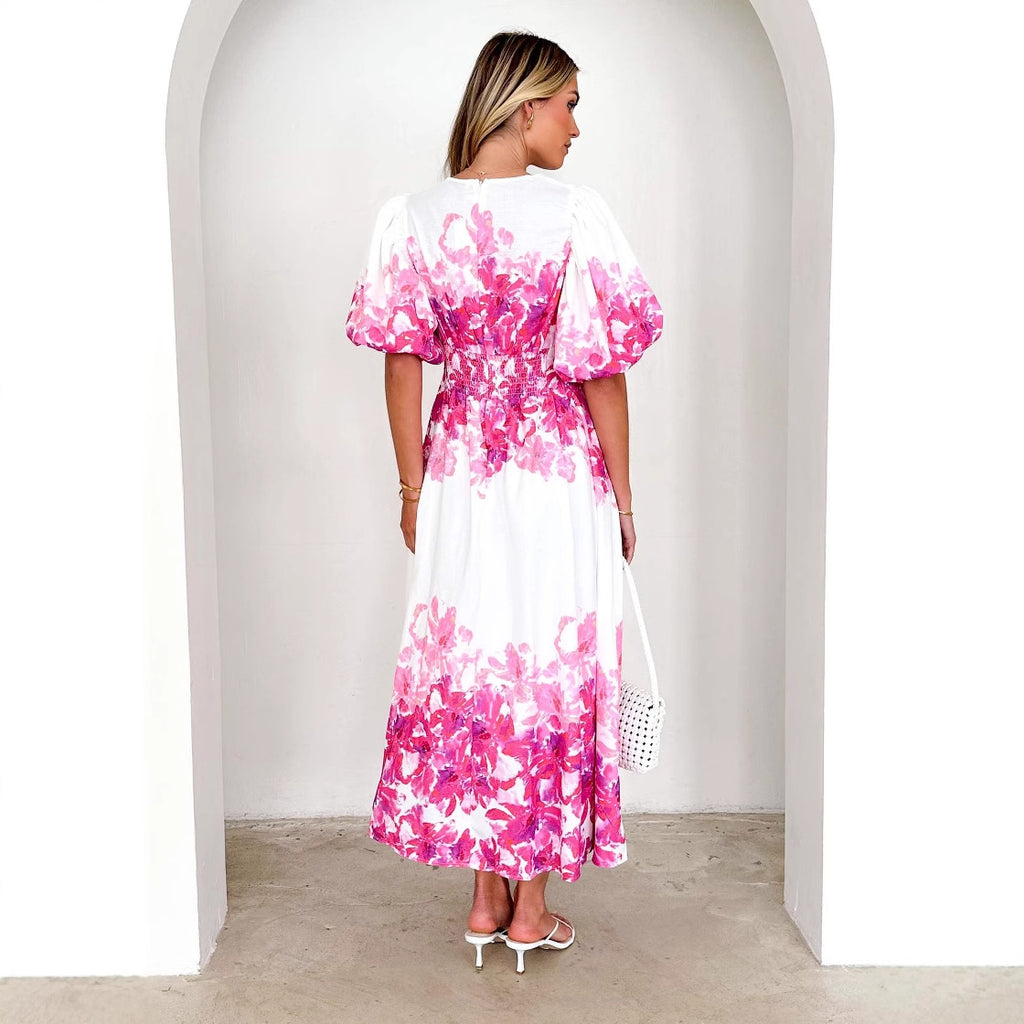Damen luftiges Maxikleid mit voluminösen Ärmeln und floralem Print Sovae