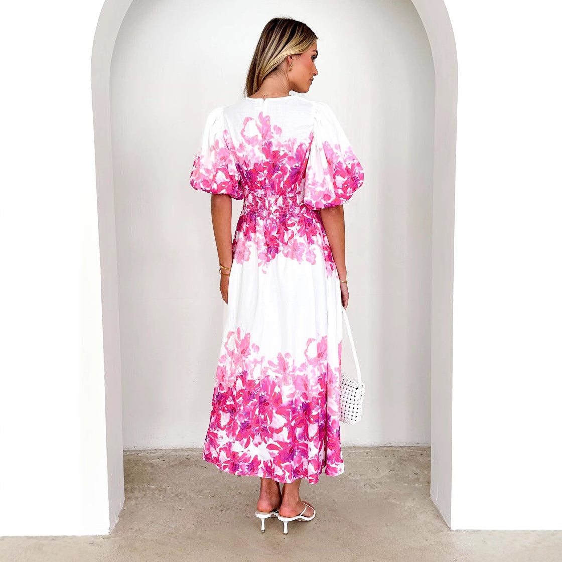 Damen luftiges Maxikleid mit voluminösen Ärmeln und floralem Print Sovae