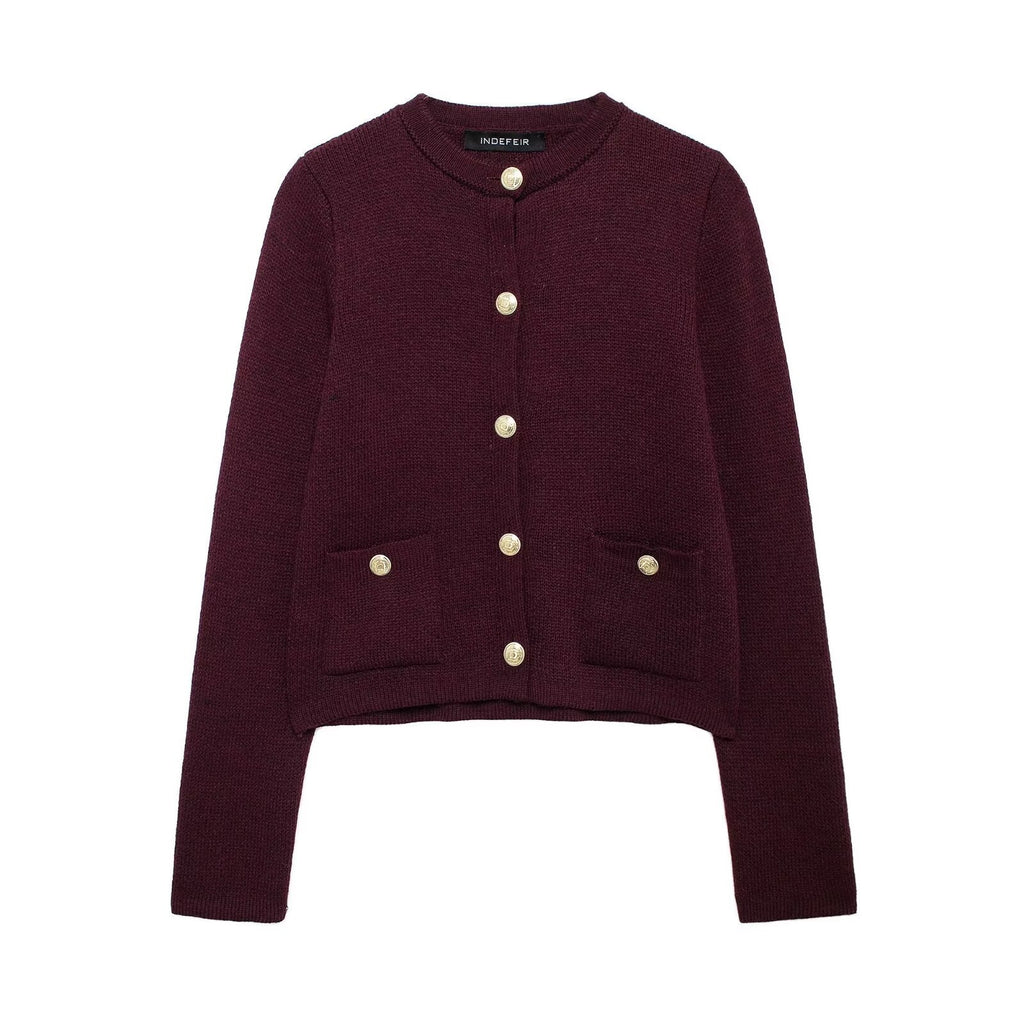 Damen modischer Strickjacke mit goldenen Knöpfen und aufgesetzten Taschen Sovae