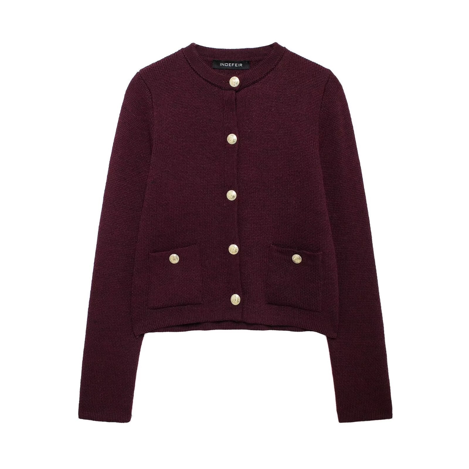 Damen modischer Strickjacke mit goldenen Knöpfen und aufgesetzten Taschen Sovae