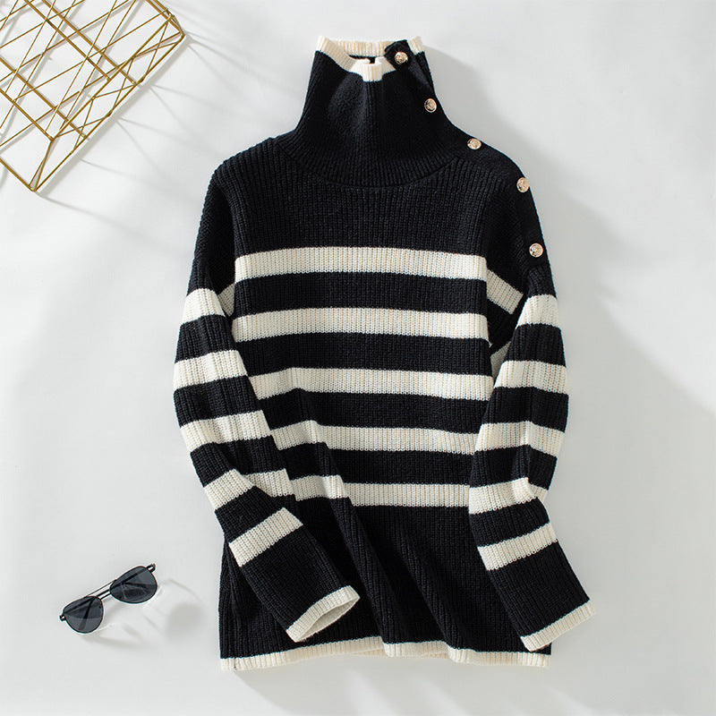 Damen Rollkragenpullover mit Knopfdetails und Streifendesign Sovae