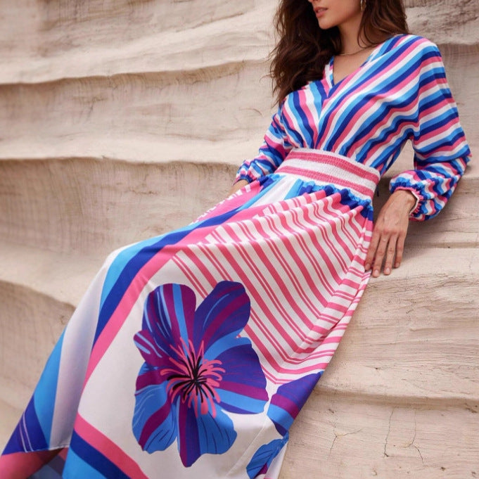 Damen Elegantes Maxikleid mit floralem Design und Streifen Sovae