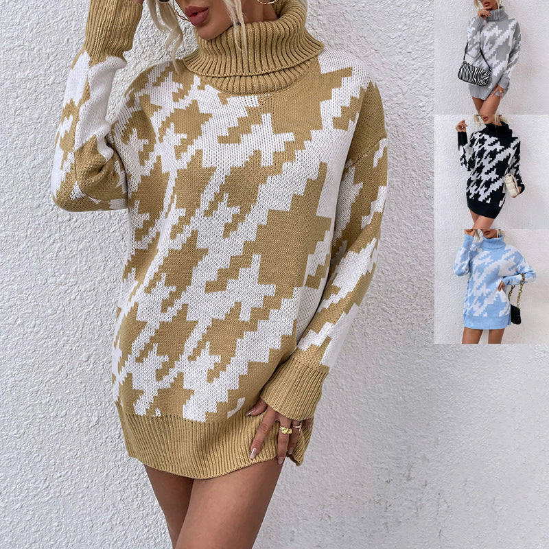 Damen Oversized Pullover mit Hohem Kragen und Modernem Muster Sovae
