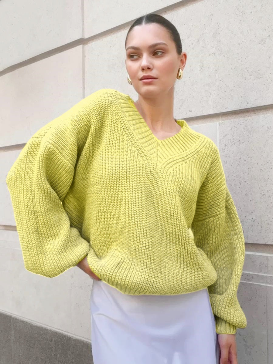 Damen lässiger Pullover mit V-Ausschnitt und voluminösen Ärmeln Sovae