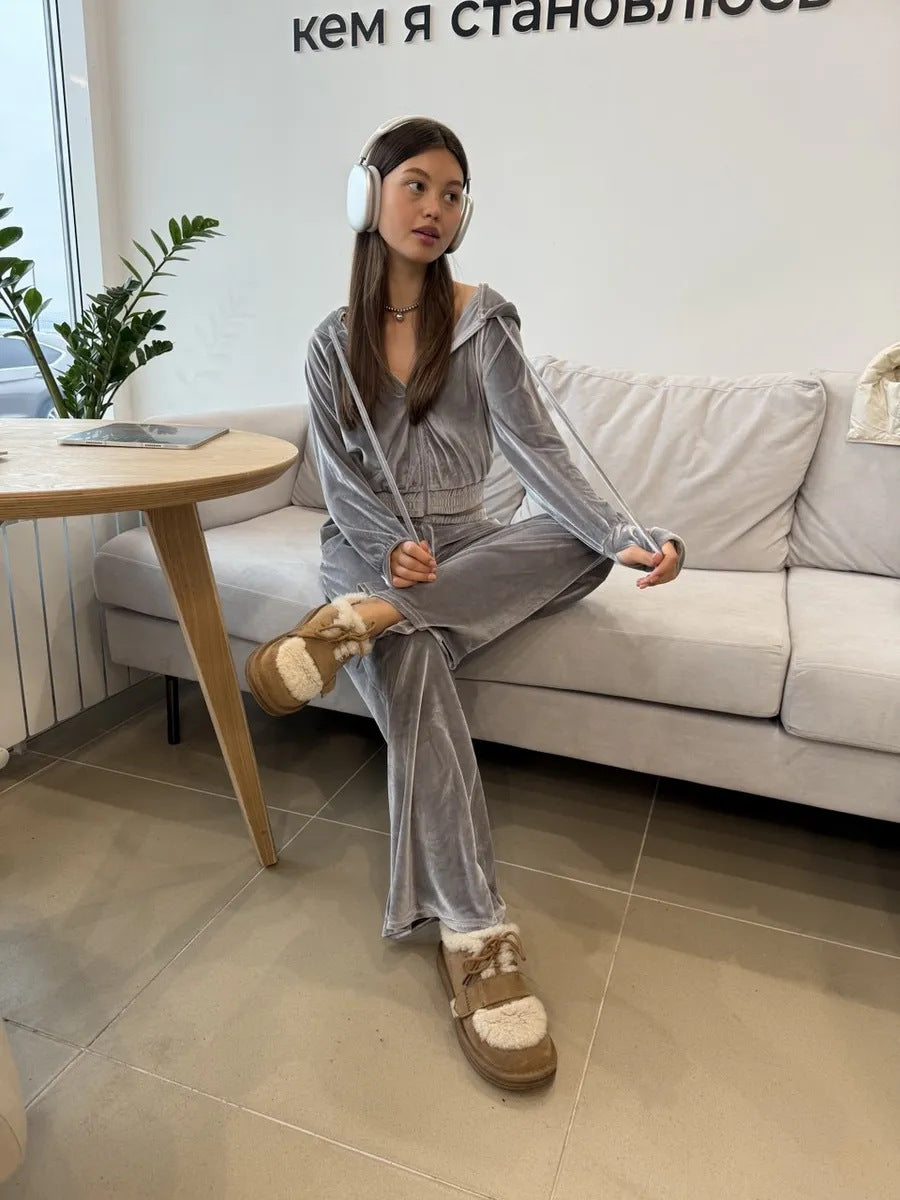Damen Velours-Lounge-Set mit Kapuze Sovae