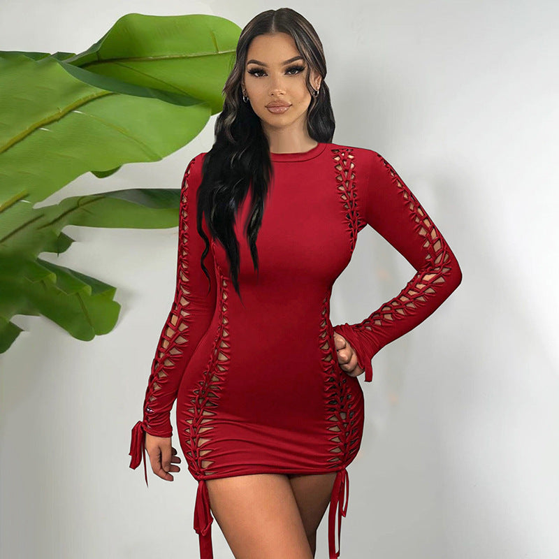 Damen figurbetontes Langarmkleid mit Cut-Outs und Rüschen Sovae