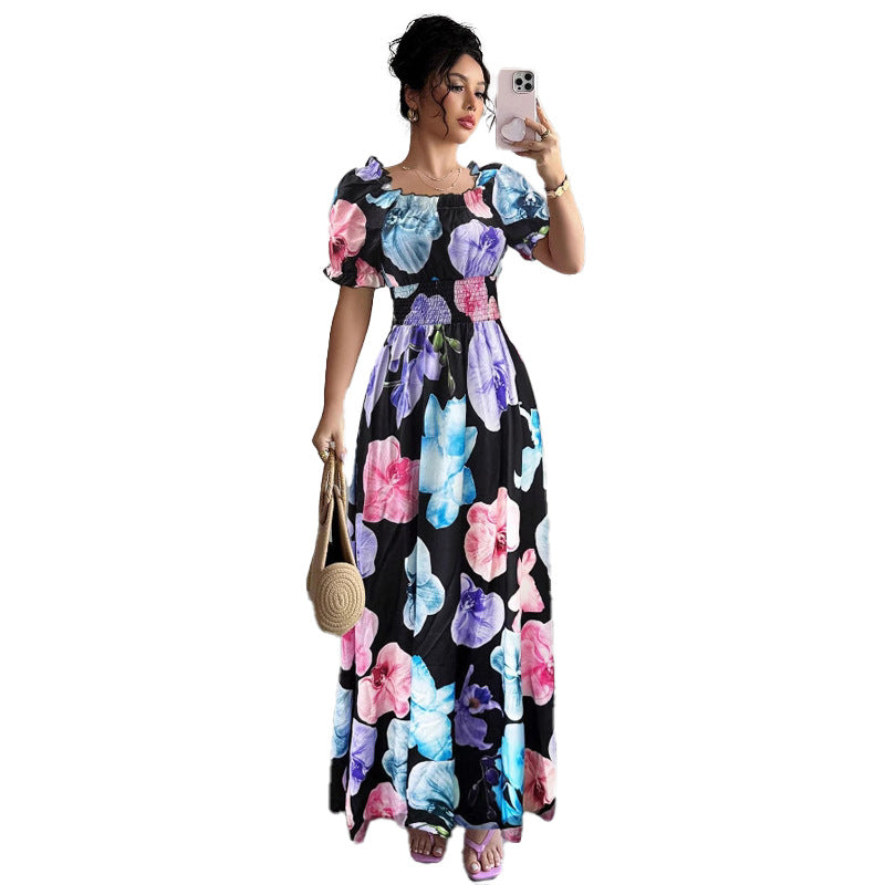 Damen Maxikleid mit floralen Akzenten und Puffärmeln Sovae