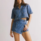 Damen Denim Crop-Shirt und Minirock Set Sovae
