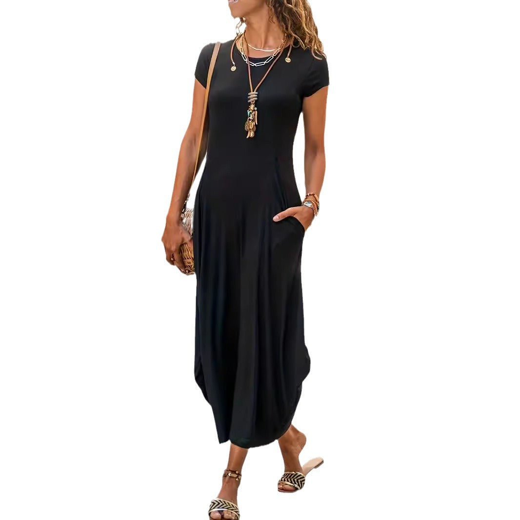 Damen lässiges Maxikleid mit seitlichen Taschen und Rundhalsausschnitt Sovae