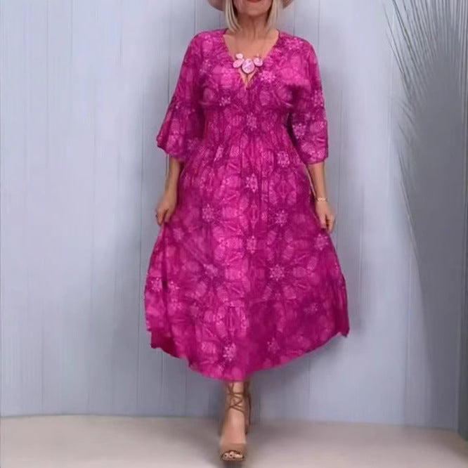 Damen Maxikleid mit V-Ausschnitt und voluminösen Ärmeln Sovae