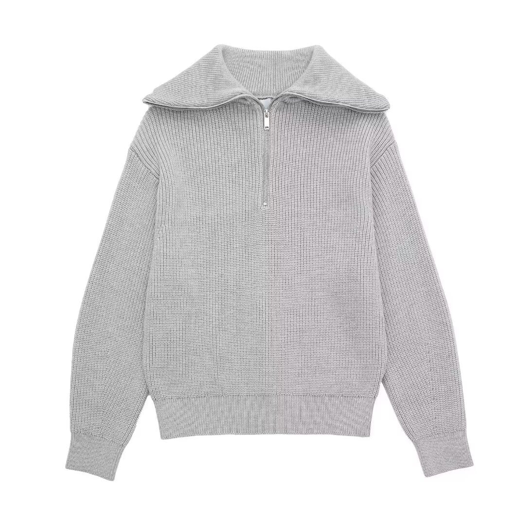 Damen modischer Strickpullover mit halbem Reißverschluss und Streifenmuster Sovae