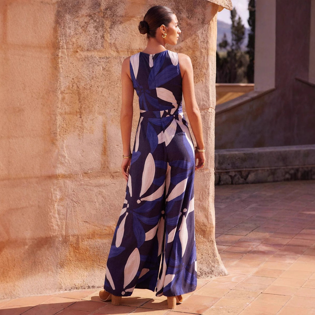 Damen lässiges Maxikleid mit floralem Print und elastischem Taillengürtel Sovae