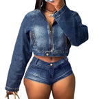 Damen Cropped Jeansjacke mit Reißverschluss und elastischem Bund Sovae