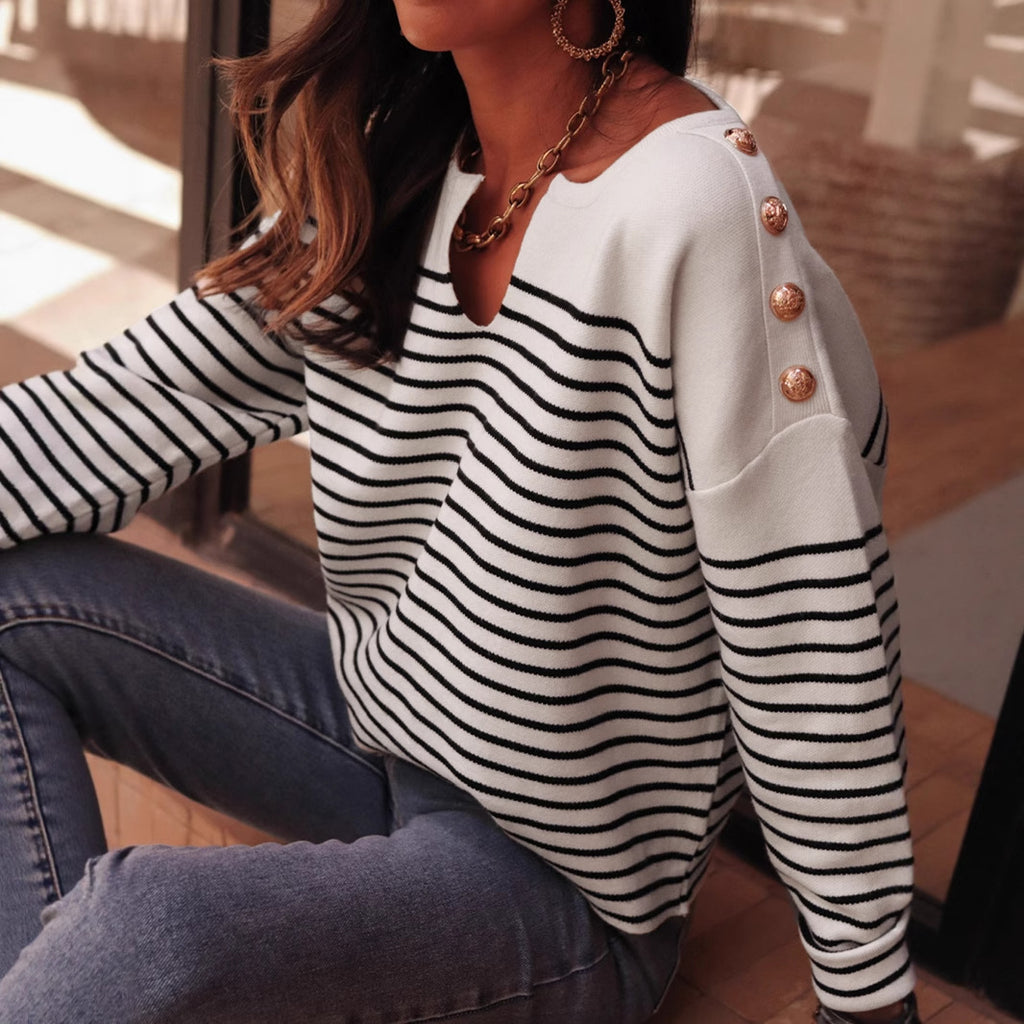 Damen modischer Sweater mit breiten Streifen und eleganten Knopfdetails Sovae