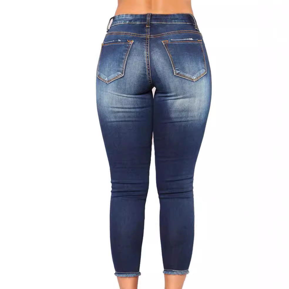 Damen modische Skinny Jeans mit ausgefransten Details Sovae
