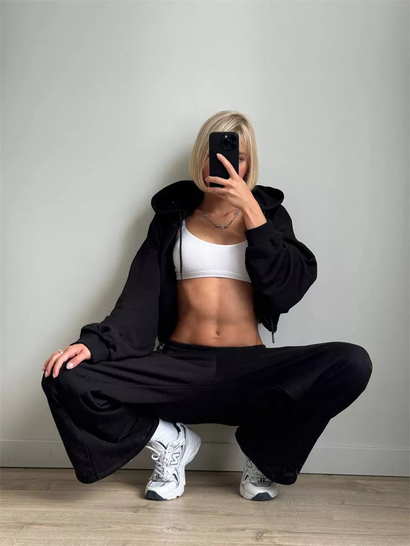 Damen sportlicher Kapuzenpullover und weite Freizeithose Set Sovae