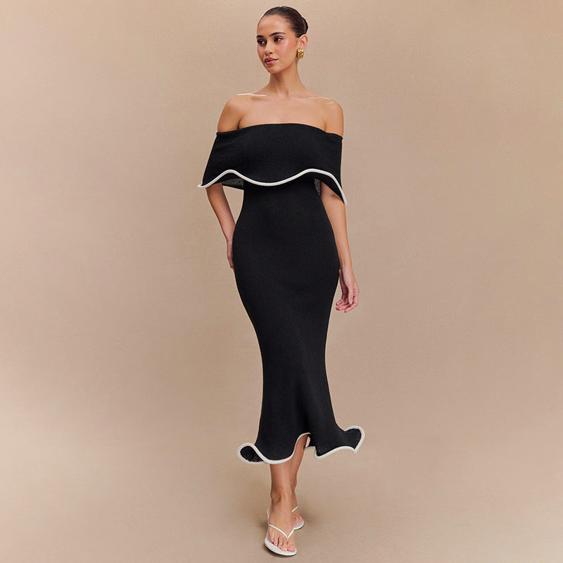 Damen elegantes Off-Shoulder Maxikleid mit Rüschensaum Sovae