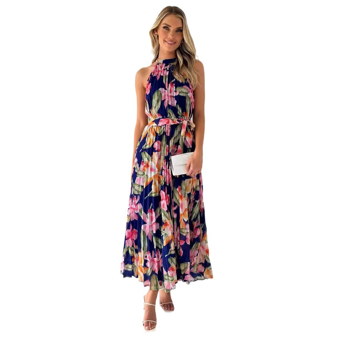 Damen florales Maxikleid mit halbem Kragen und Taillengürtel Sovae