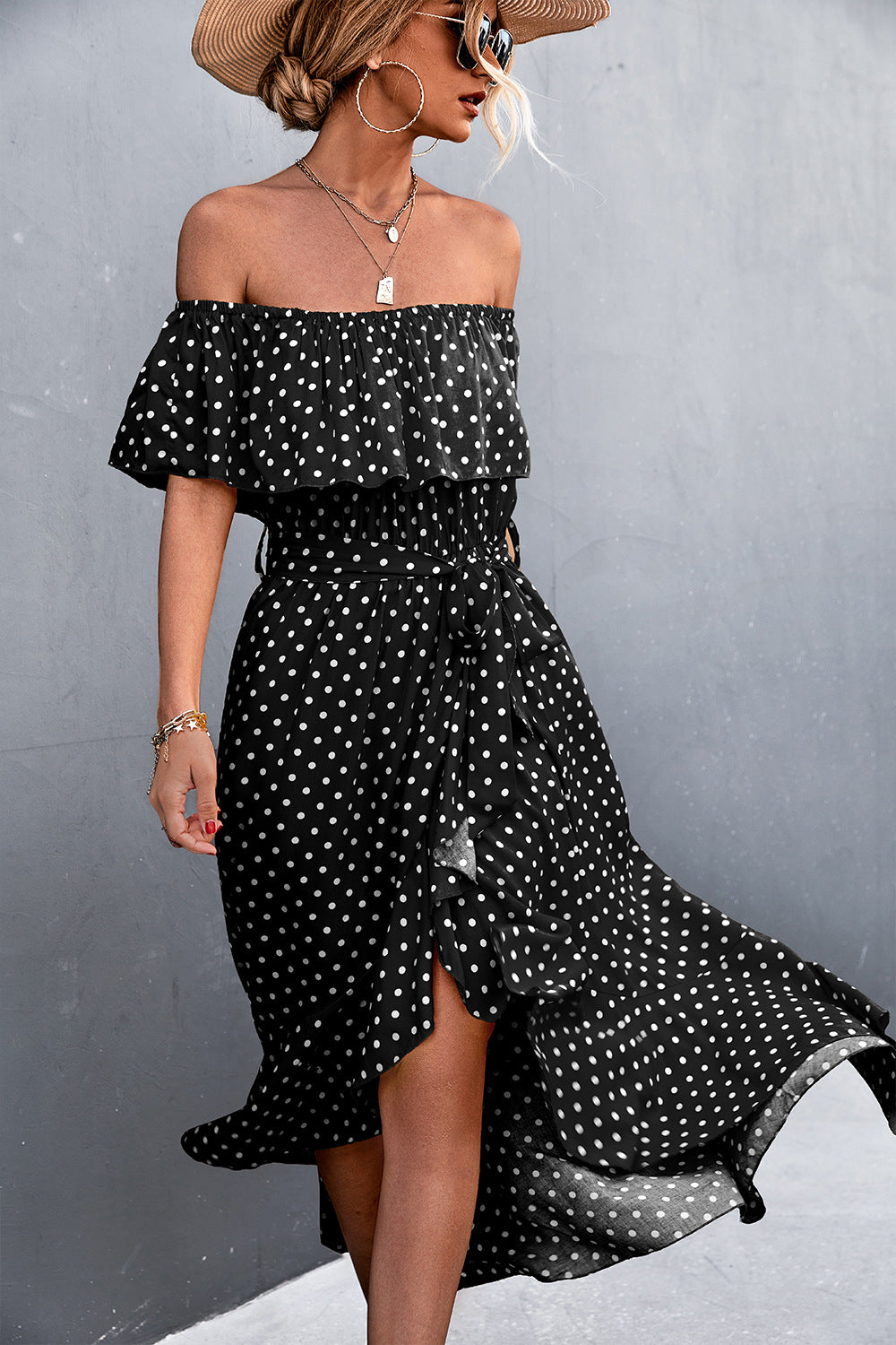Damen Off-Shoulder Maxikleid mit Rüschendetails und seitlichem Schlitz Sovae