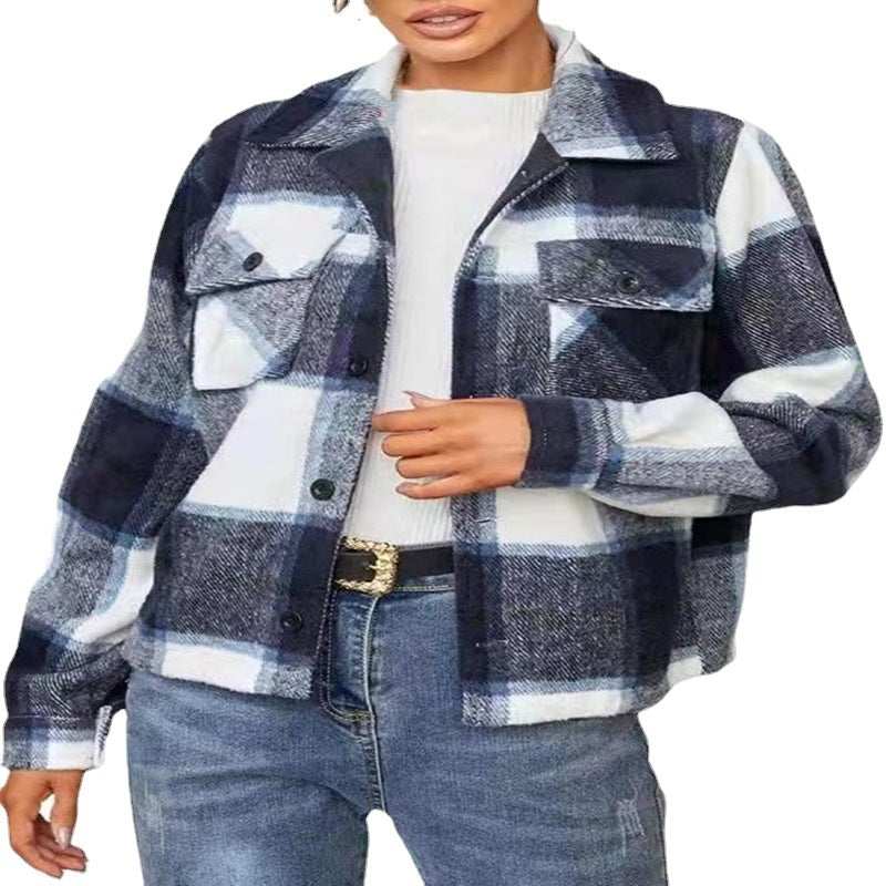 Damen karierte Kurzjacke mit Taschen und Knopfverschluss Sovae