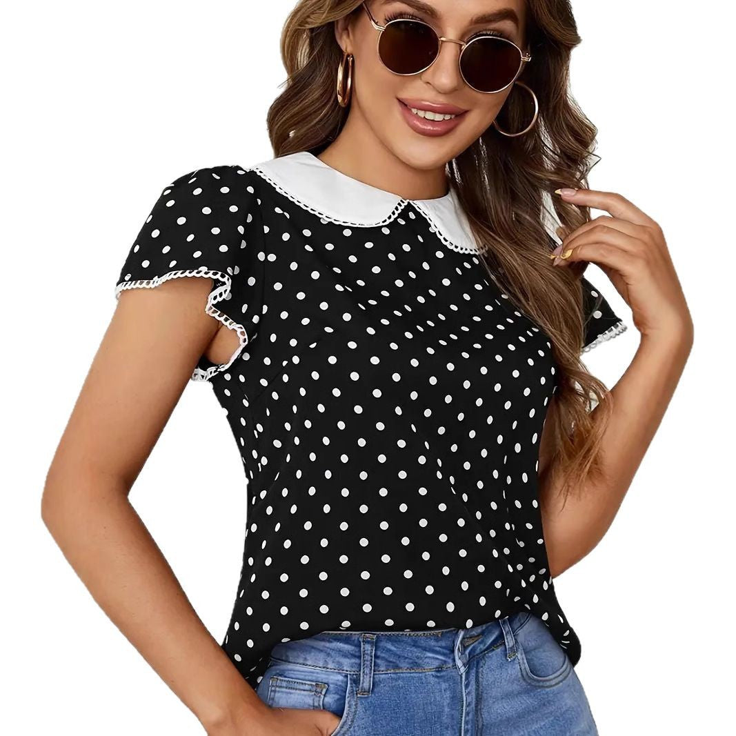 Damen Shirt mit verspielt gehäkeltem Kragen und Punktmuster Sovae