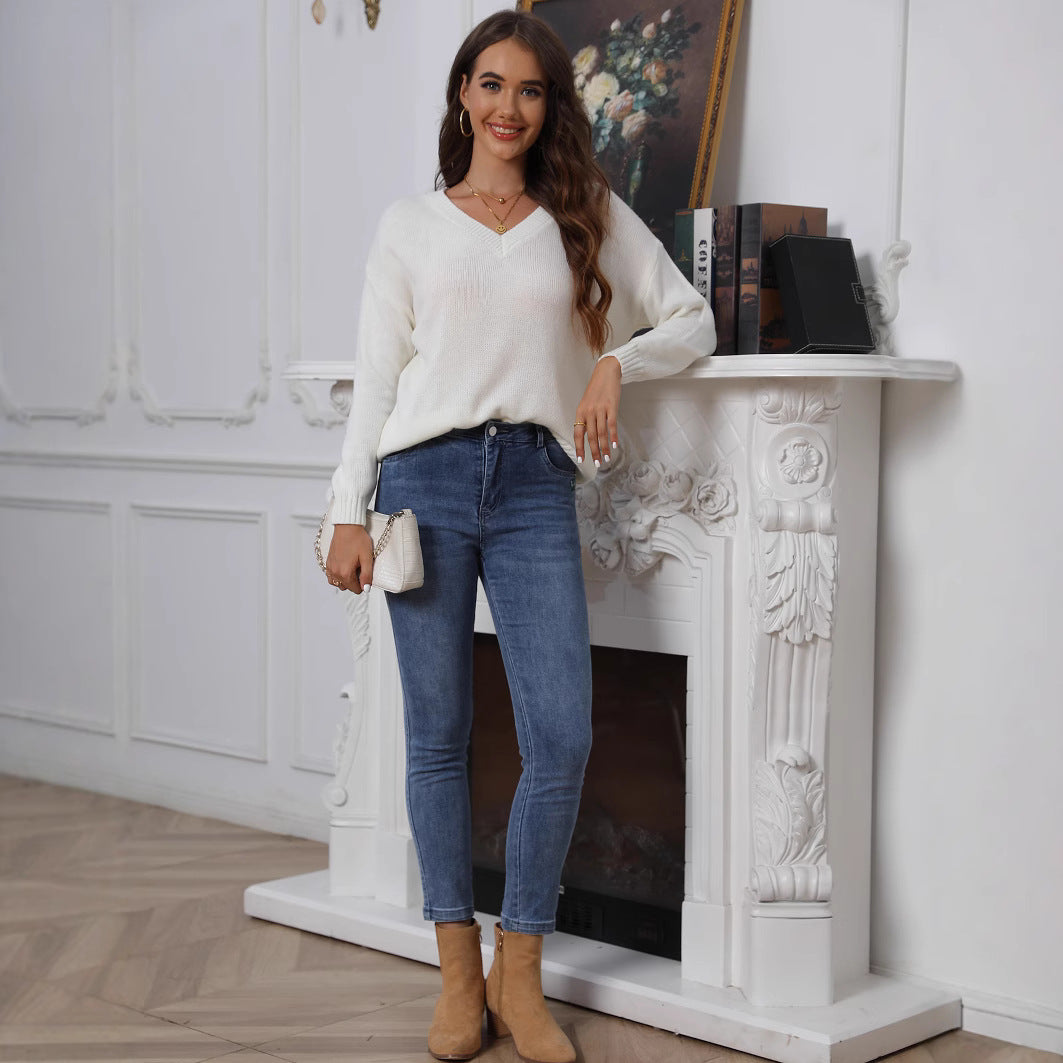 Damen lässiger V-Ausschnitt Pullover mit strukturiertem Strick Sovae