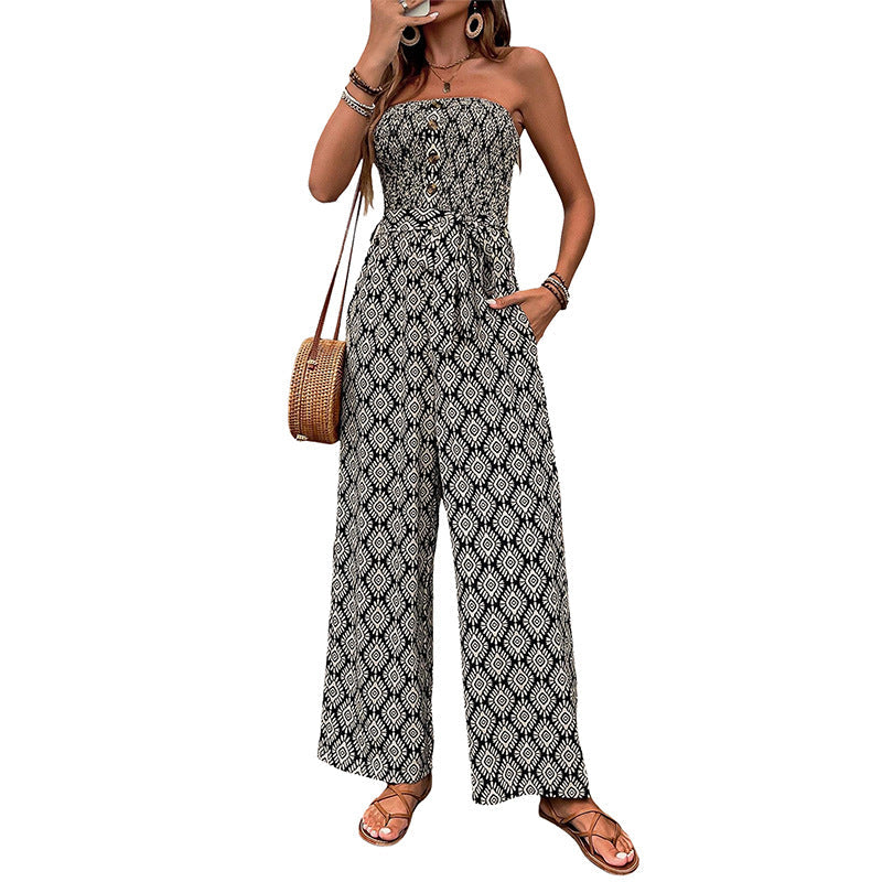 Damen Alltagsjumpsuit mit elastischem Oberteil und modischem Muster Sovae