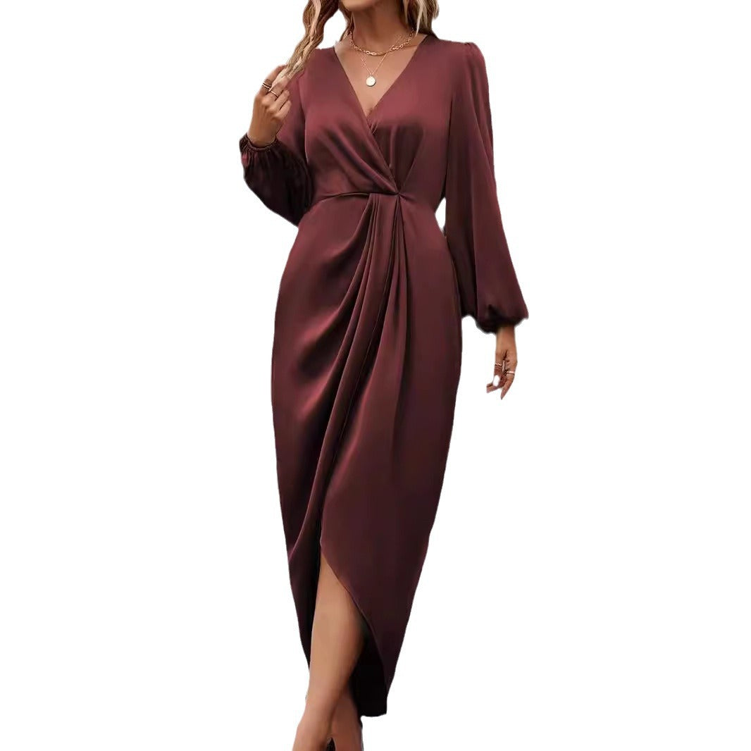 Damen Maxikleid mit raffiniertem Wickeldesign und voluminösen Ärmeln Sovae