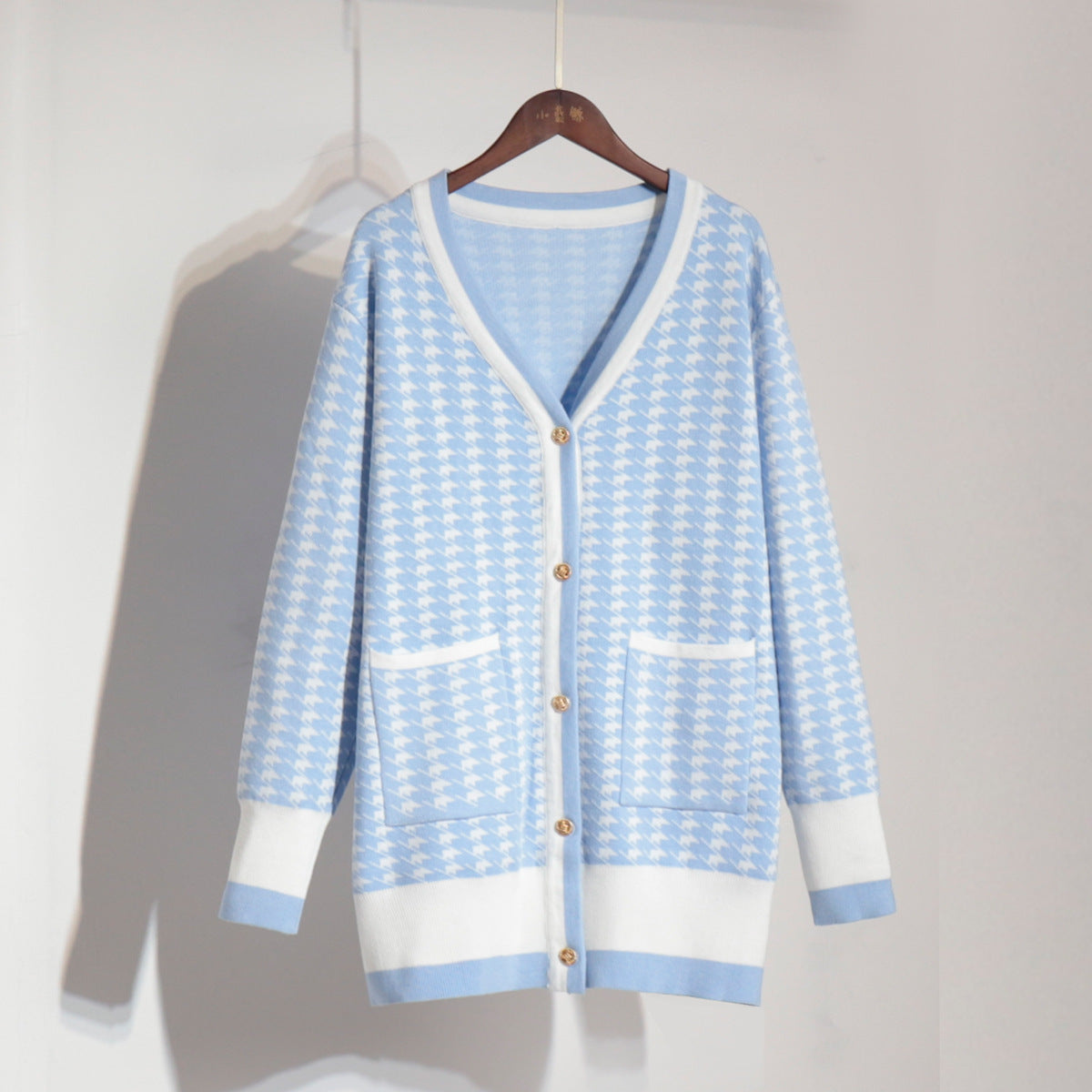 Damen Strickcardigan mit klassischem Hahnentritt-Muster und Knopfleiste Sovae