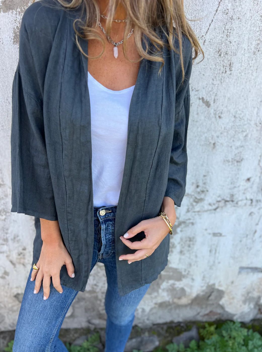 Damen lockere Leinenjacke mit innovativem Schnitt Sovae