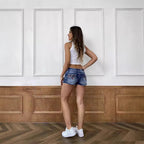Damen Trendige High-Waist Jeans-Shorts mit fransigen Säumen Sovae
