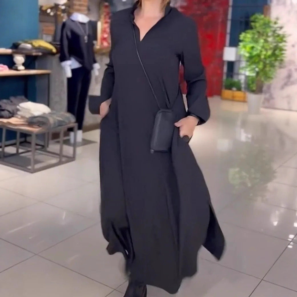 Damen lässiges Midi-Kleid mit praktischen Taschen und hoher Kragen Sovae
