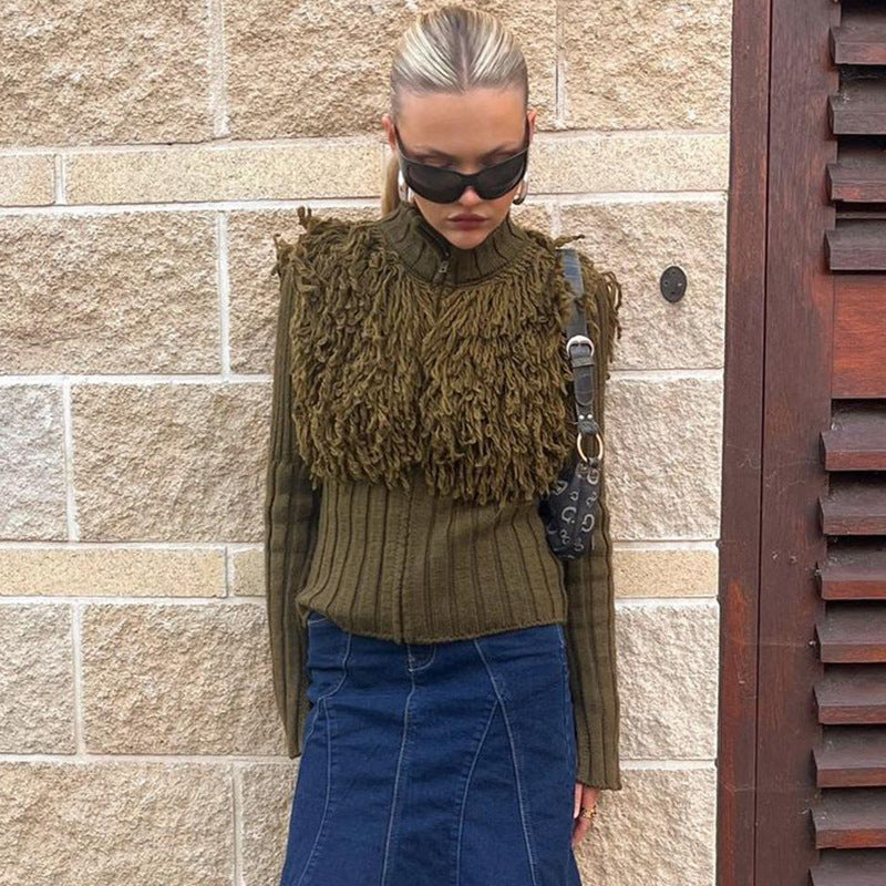 Damen modischer Strickpullover mit auffälligem Mokkaschaumkragen Sovae