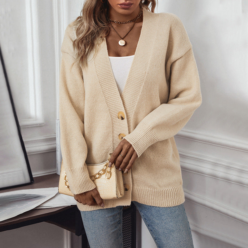 Damen gemütliche Strickjacke mit Knopfdetails und tiefem V-Ausschnitt Sovae
