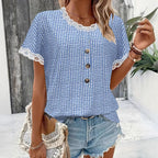 Damen luftiges Karomuster Bluse mit Spitzenkragen Sovae