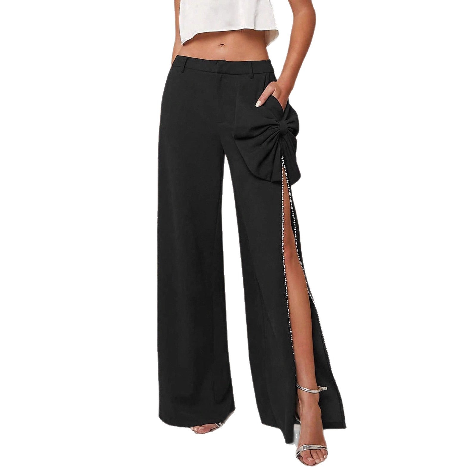 Damen Weite Hose mit seitlichem Schlitz und dekorativem Detail Sovae