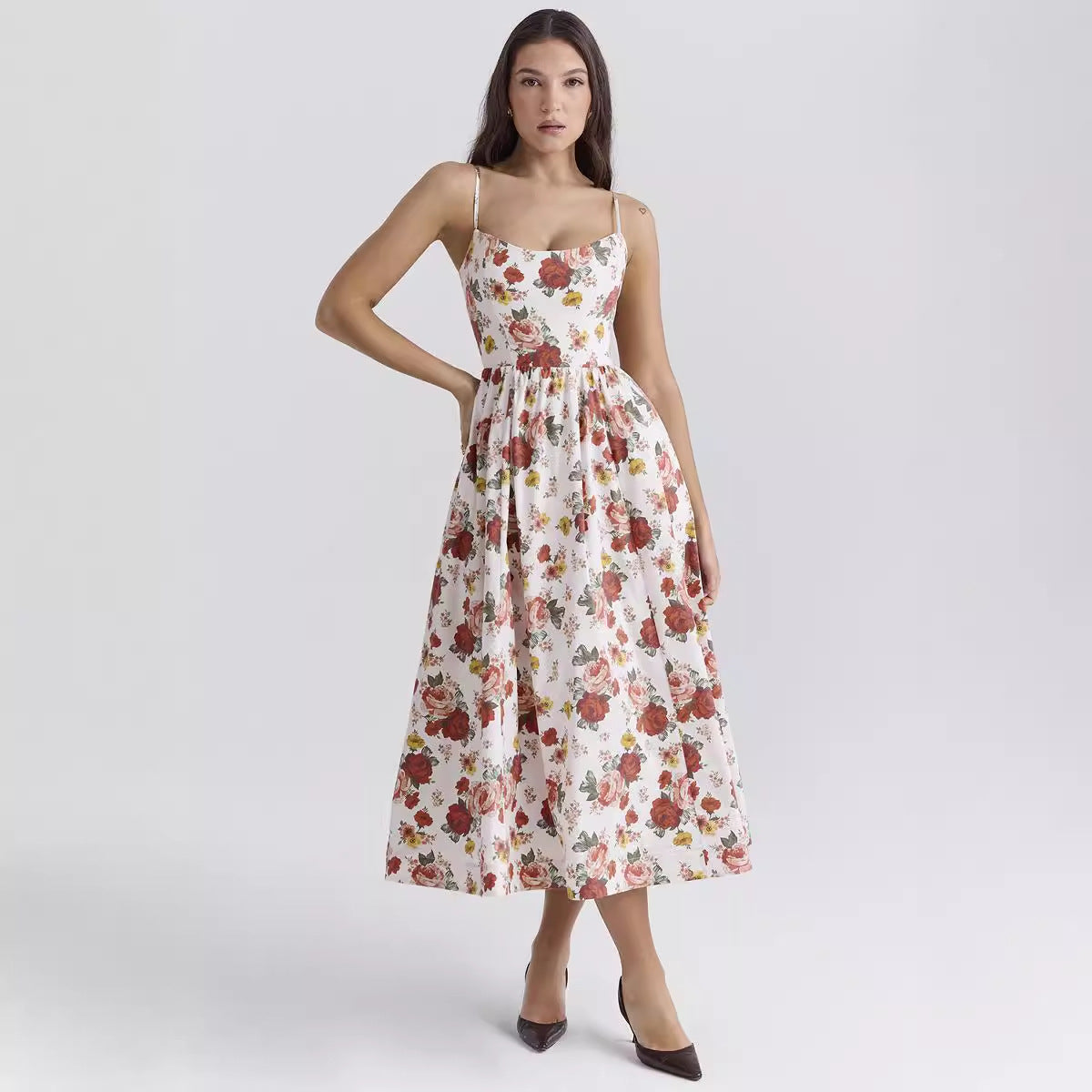 Damen Maxikleid mit floralem A-Linien-Schnitt und zarten Spaghettiträgern Sovae