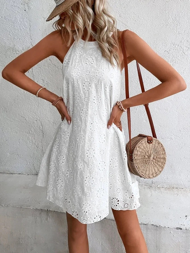 Damen luftiges Sommerkleid mit Lochstickerei Sovae